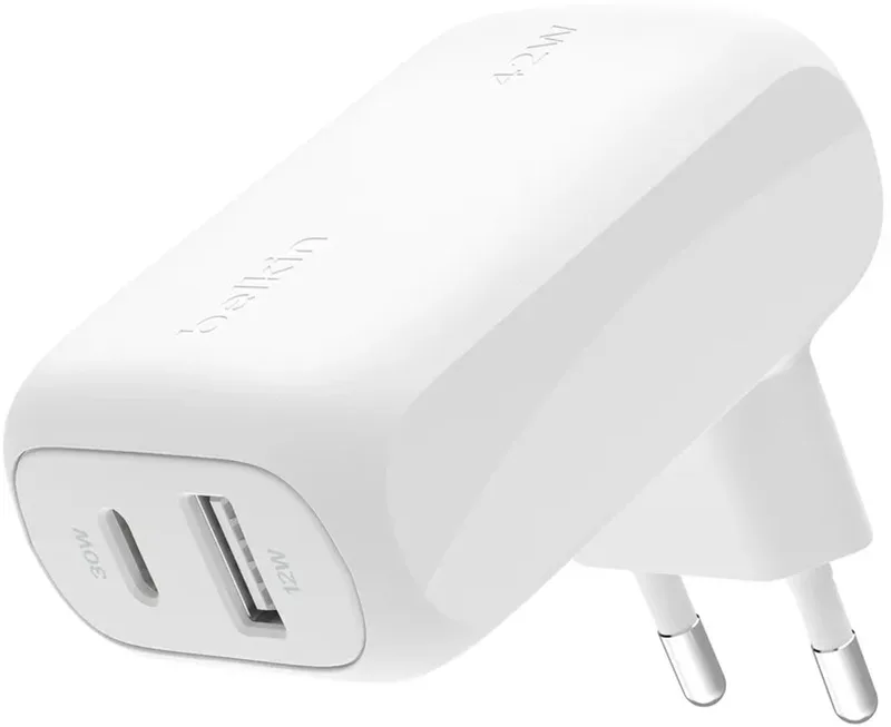 Belkin 2-poorts wandlader 42W met USB-C- en USB-A-poort från Belkin i Vit – produktbild