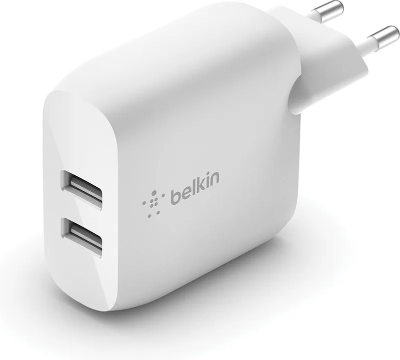 Boost Charge Dual USB-A Oplader – USB Stekker – Snellader – Fast Charger - Dubbele USB Stekker – USB A - 24W - Wit från Belkin i Silver – produktbild