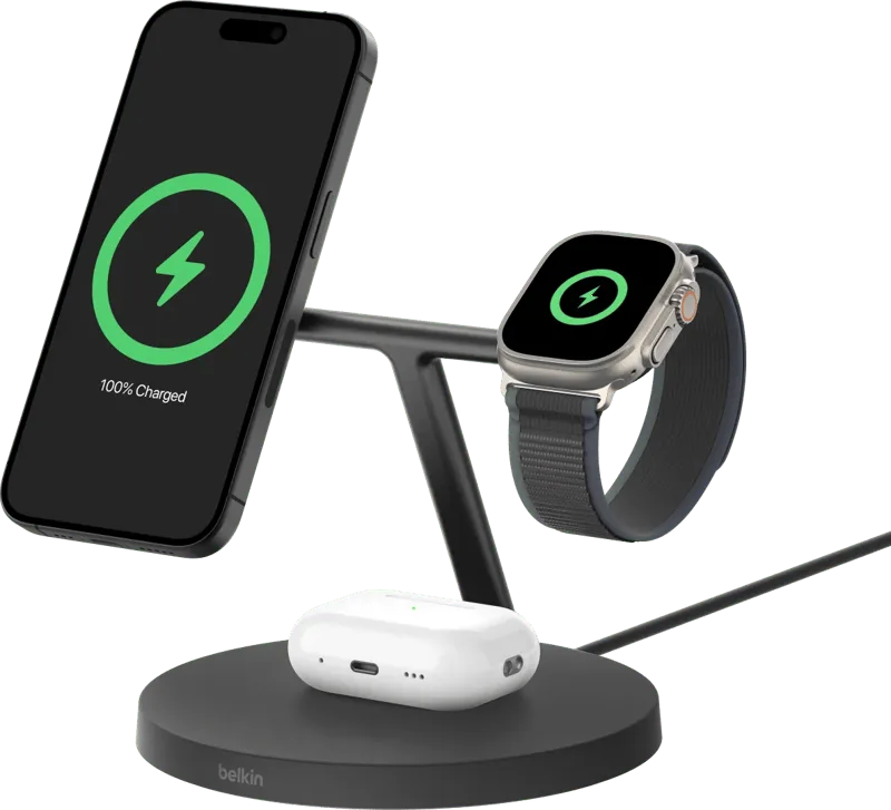 Boost Charge Pro MagSafe en Qi2 3-in-1 Draadloze Oplader 15W met Standaard Zwart van Belkin – productfoto