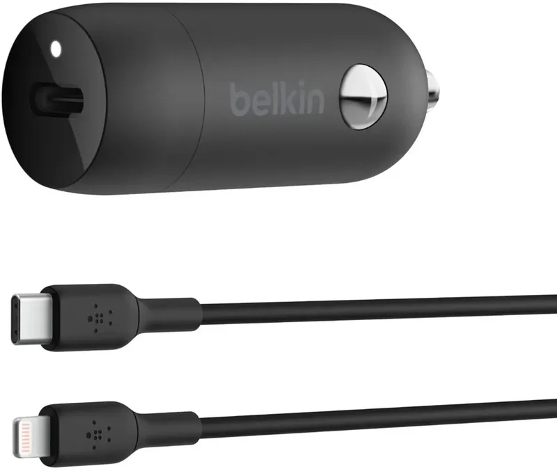 BoostCharge 30 W USB-C-autolader + USB-C naar Lightning-kabel fra Belkin i Sort – produktbillede