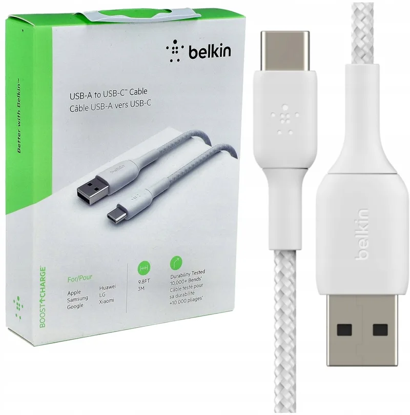 BOOST↑CHARGE Braided - USB-A naar USB-C Kabel - 3 Meter - 15W van Belkin in Wit – productfoto