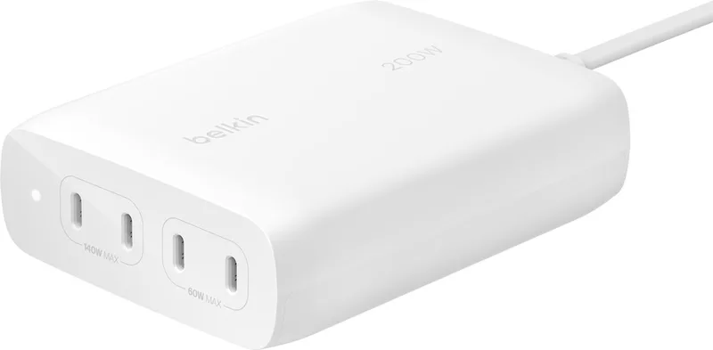 BoostCharge Pro 200W 4-poorts USB-C GaN Snellader met Power Delivery 3.1, Inclusief 1,5 m Kabel by Belkin in White – product photo