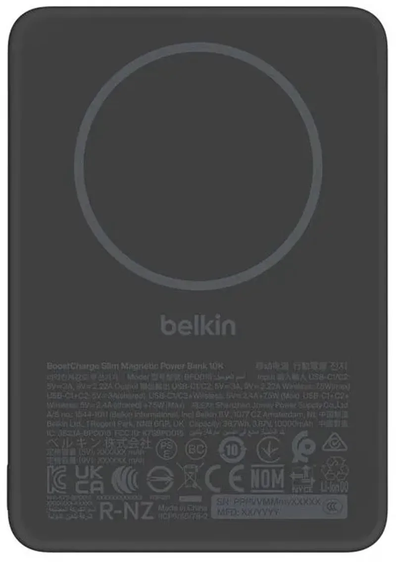 BoostCharge Slim Magnetische Powerbank 10.000 mAh – MagSafe-compatibel – 7,5W Draadloos – 2x USB-C 20W by Belkin in Black – product photo