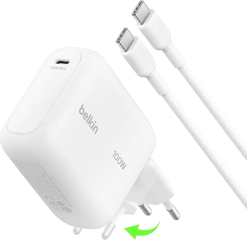 BoostCharge USB-C GaN Wandlader 100 W met 1,5 m USB-C-kabel – Laptop- en Telefoonsneller – Inklapbare Stekkerpinnen by Belkin in White – product photo