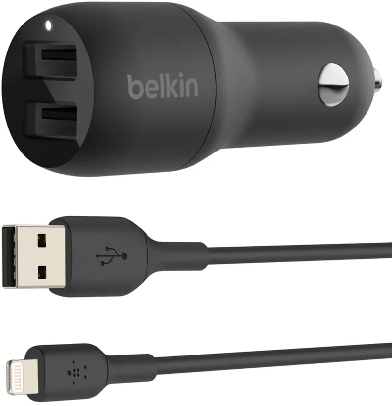 Dual USB Autolader 24W + 1m iPhone kabel de Belkin en Noir – photo produit