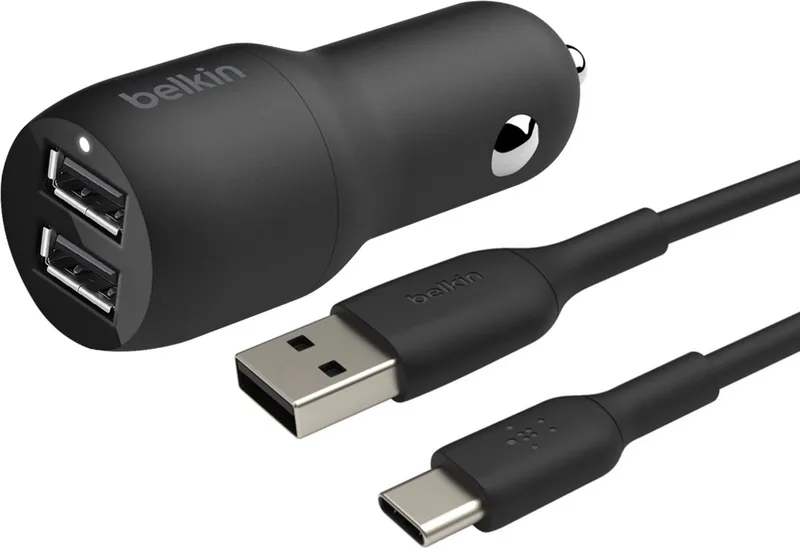 Dual USB Autolader 24W + 1m USB-C kabel de Belkin en Noir – photo produit