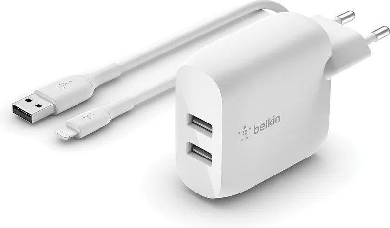 Dual USB Oplader 24W + 1m iPhone kabel by Belkin in White – product photo