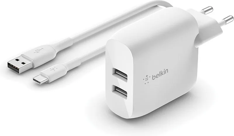 Dual USB Oplader 24W + 1m USB-C kabel van Belkin in Wit – productfoto
