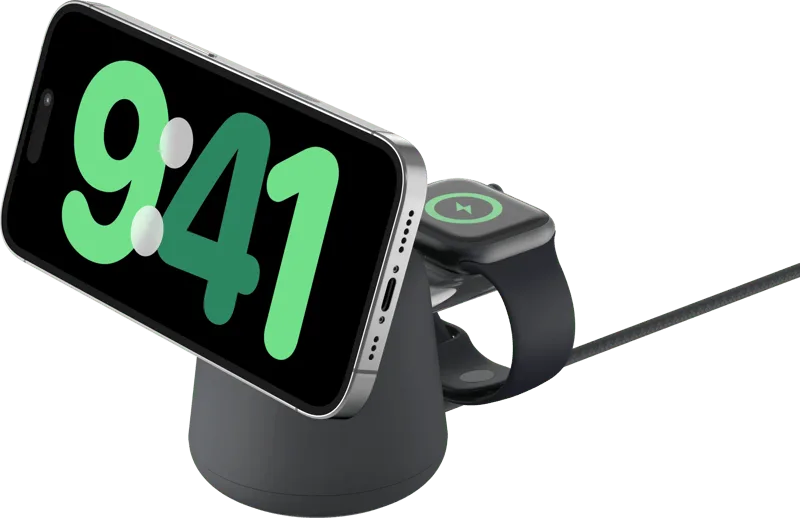 MagSafe und Qi2 2-in-1 Kabelloses Ladegerät 15 W mit Ständer Schwarz von Belkin – Produktfoto