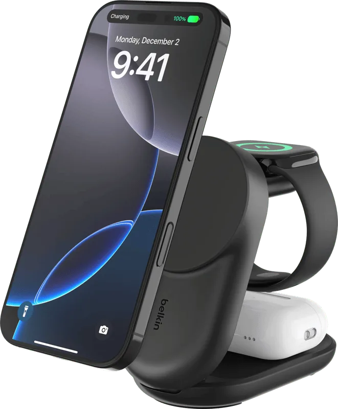 UltraCharge 3-in-1 MagSafe Kabelloses Ladegerät mit Ständer Qi2 25 W Schwarz by Belkin – product photo