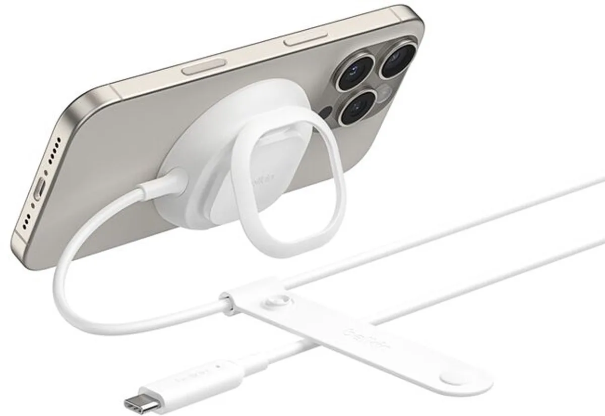 UltraCharge Magnetische Draadloze Oplader – Qi2 25W – MagSafe-compatibel – Standaard en Ringgreep – 2 m USB-C-kabel – inclusief 36W Adapter de Belkin en Blanc – photo produit