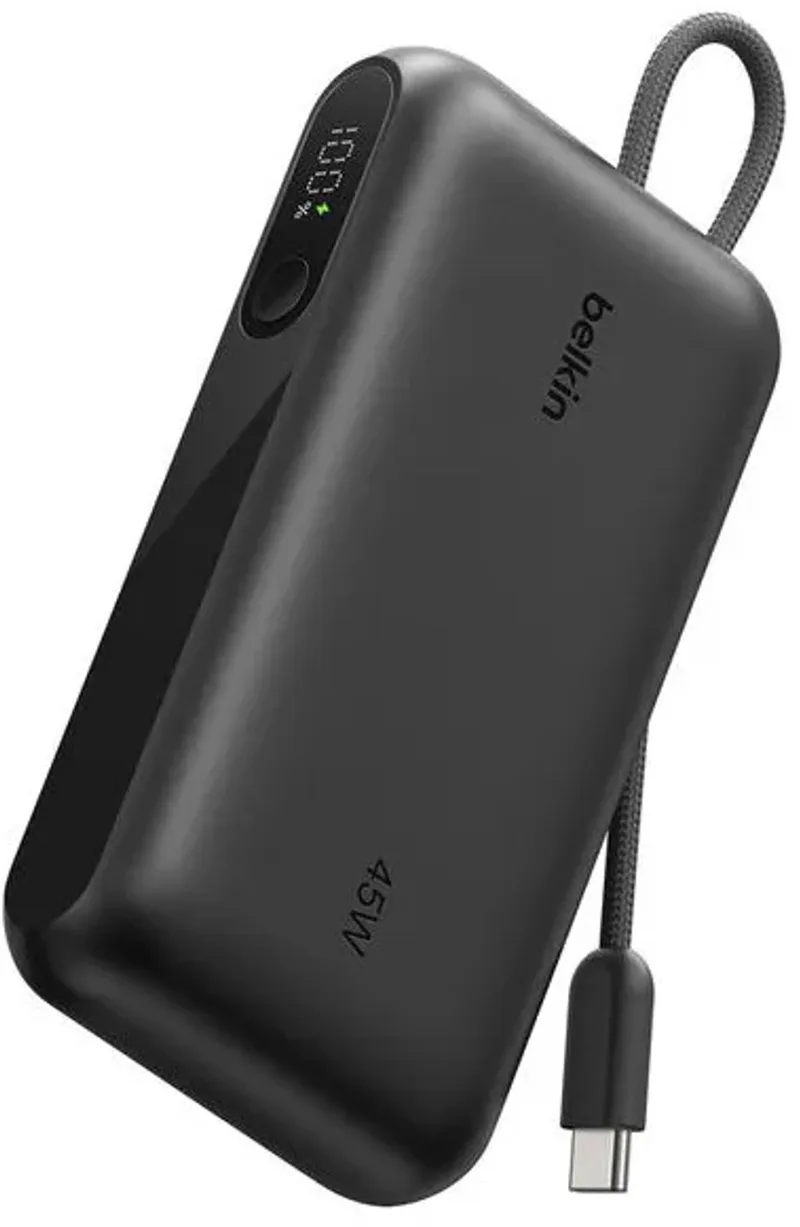 UltraCharge Powerbank 10.000 mAh – 45 W USB-C PD – Geïntegreerde USB-C-kabel en Digitaal Display by Belkin in Black – product photo