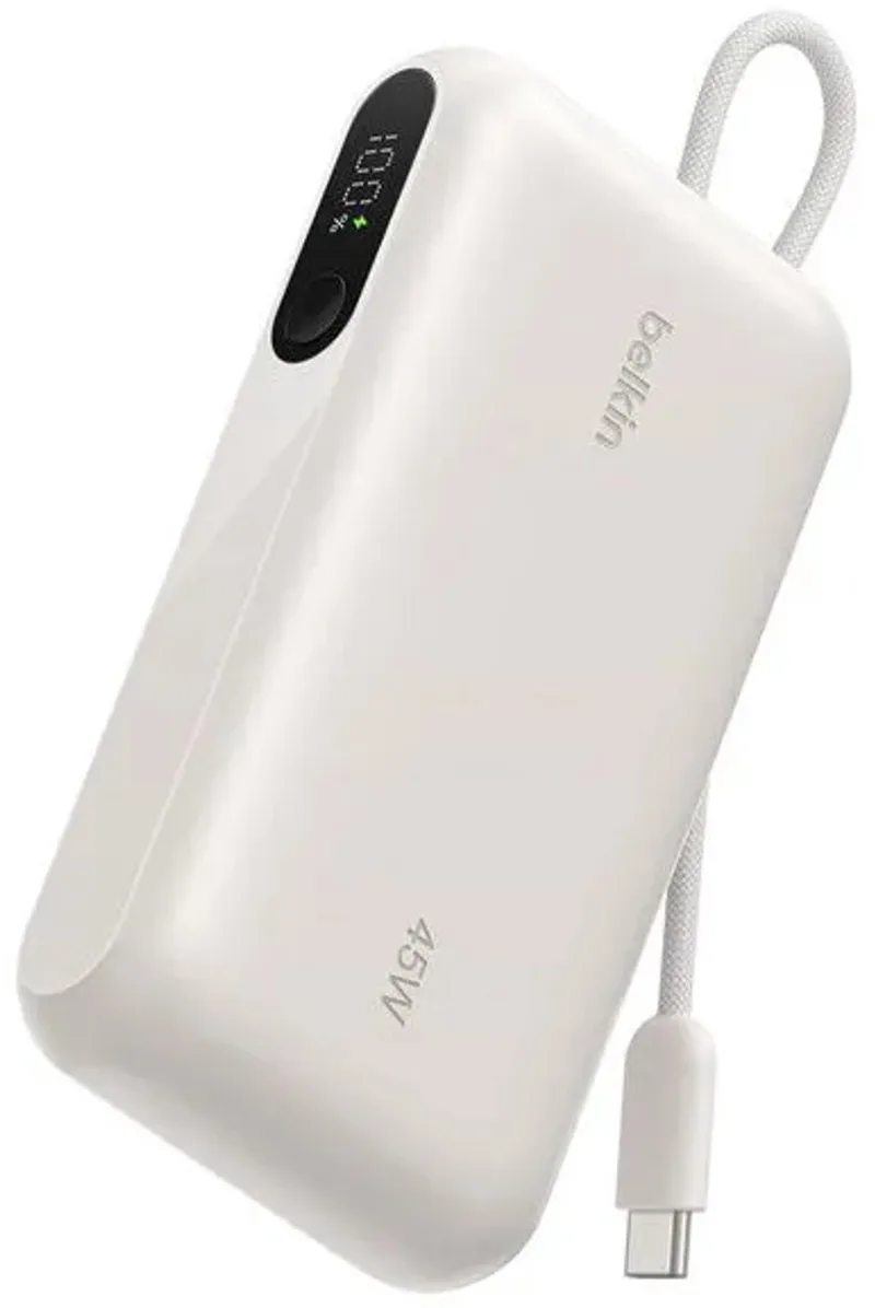 UltraCharge Powerbank 10.000 mAh – 45 W USB-C PD – Geïntegreerde USB-C-kabel en Digitaal Display – Zandkleur by Belkin in Zand – product photo