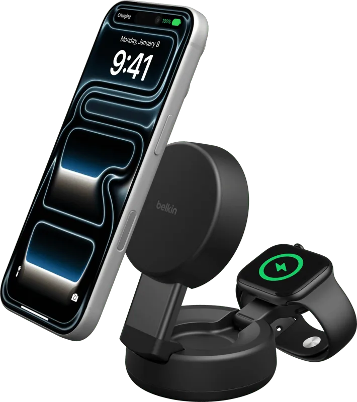 UltraCharge Pro 2-in-1 MagSafe Kabelloses Ladegerät mit Ständer Qi2 25 W Schwarz fra Belkin – produktbillede
