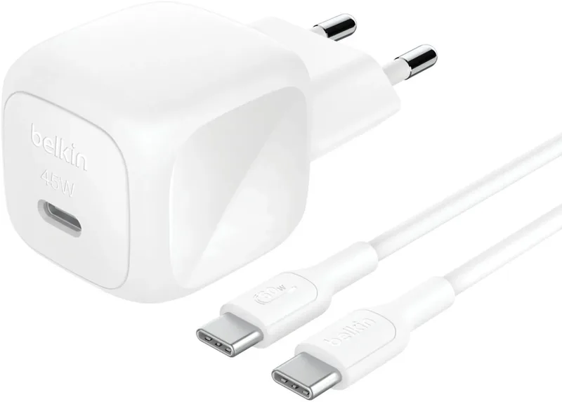 USB-C Wandlader 45 W met 1 m USB-C-naar-USB-C Kabel –Universeel by Belkin in White – product photo