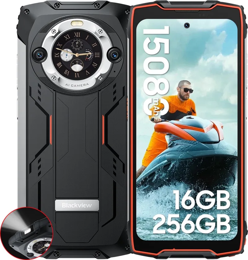 BV9300 Pro - Robuuste Smartphone - 16GB RAM - 256GB - 15080mAh - 120Hz 6.7" FHD - Dual 4G LTE - 64MP+32MP - IP68 Waterdicht - 1.32" Achterkant Dsiplay - NFC - GPS de Blackview en Orange – photo produit