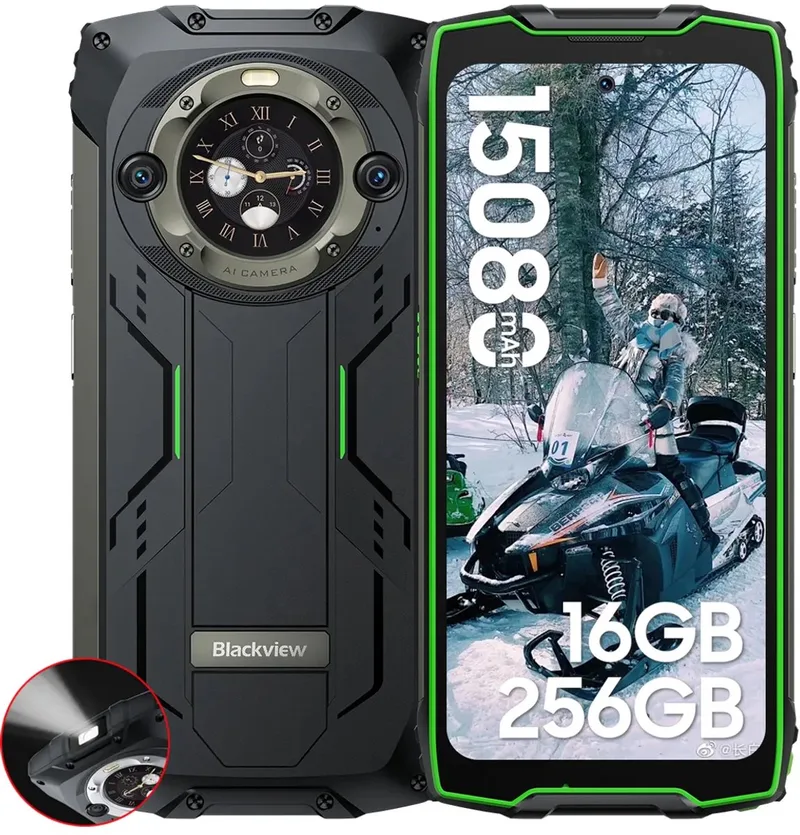 BV9300 Pro - Robuuste Smartphone - 16GB RAM - 256GB - 15080mAh - 120Hz 6.7" FHD - Dual 4G LTE - 64MP+32MP - IP68 Waterdicht - 1.32" Achterkant Dsiplay - NFC - GPS de Blackview en Vert – photo produit