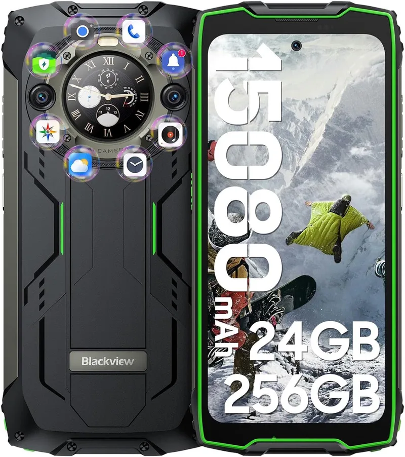 BV9300 Pro - Robuuste Smartphone - 24GB RAM - 256GB - 15080mAh - 120Hz 6.7" FHD - Dual 4G LTE - 64MP+32MP - IP68 Waterdicht - 1.32" Achterkant Dsiplay - NFC - GPS van Blackview in Groen – productfoto