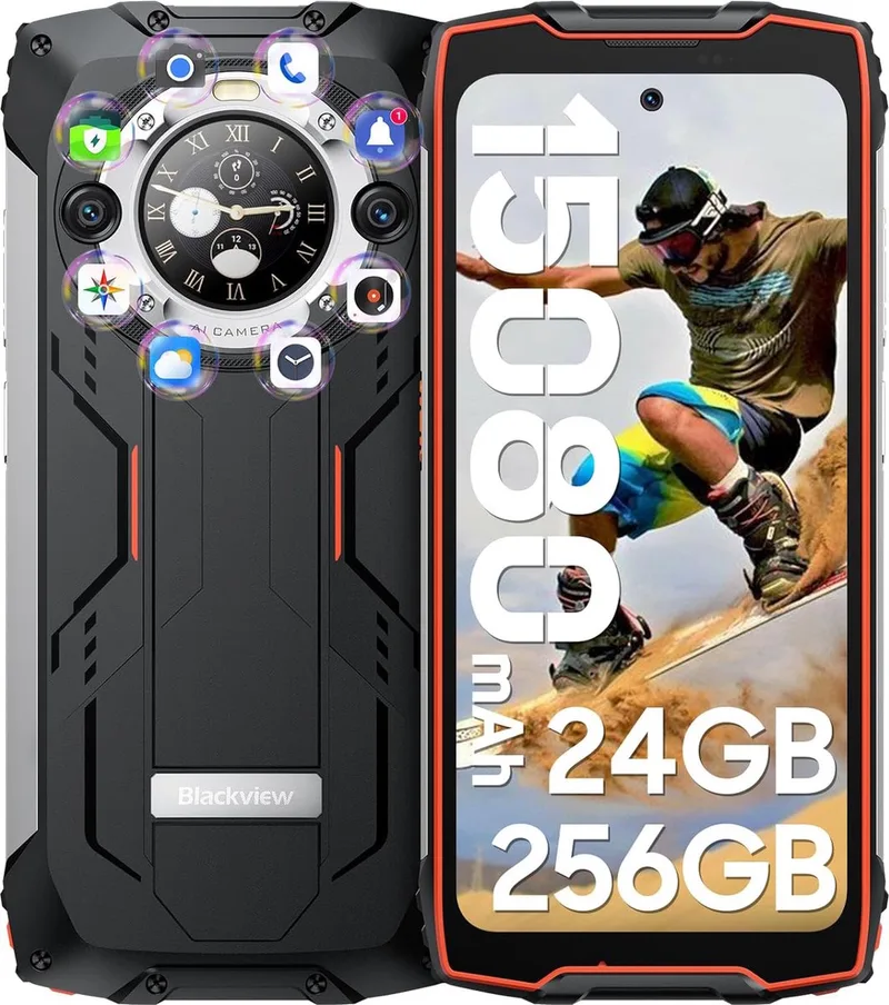 BV9300 Pro - Robuuste Smartphone - 24GB RAM - 256GB - 15080mAh - 120Hz 6.7" FHD - Dual 4G LTE - 64MP+32MP - IP68 Waterdicht - 1.32" Achterkant Dsiplay - NFC - GPS van Blackview in Oranje – productfoto