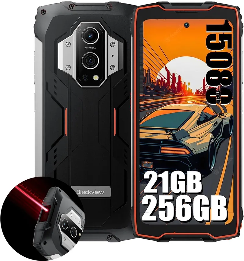 BV9300 - Robuuste Smartphone - 21GB RAM - 256GB - 40M Laser Rangefinder - 15080mAh - Helio G99 - 6.7'' 120Hz - 50MP+ 32MP Camera - IP68 Waterdichte Buiten Mobiele Telefoon NFC by Blackview in Orange – product photo