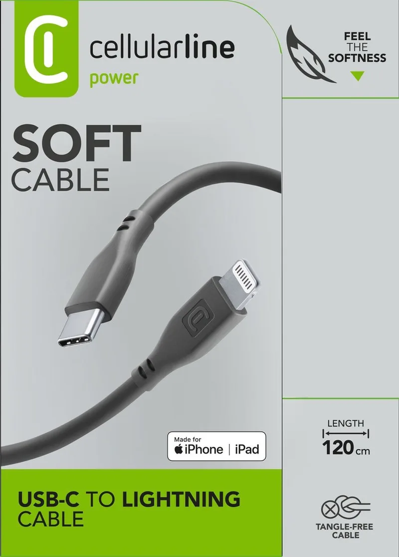 Soft kabel, USB-C naar Lightning 1,2m de Cellularline en Noir – photo produit