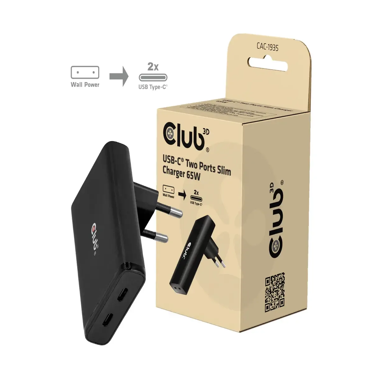 Club3D oplader 2xUSB type C Slim, oplaadadapter 65 W van Club 3D in Zwart – productfoto