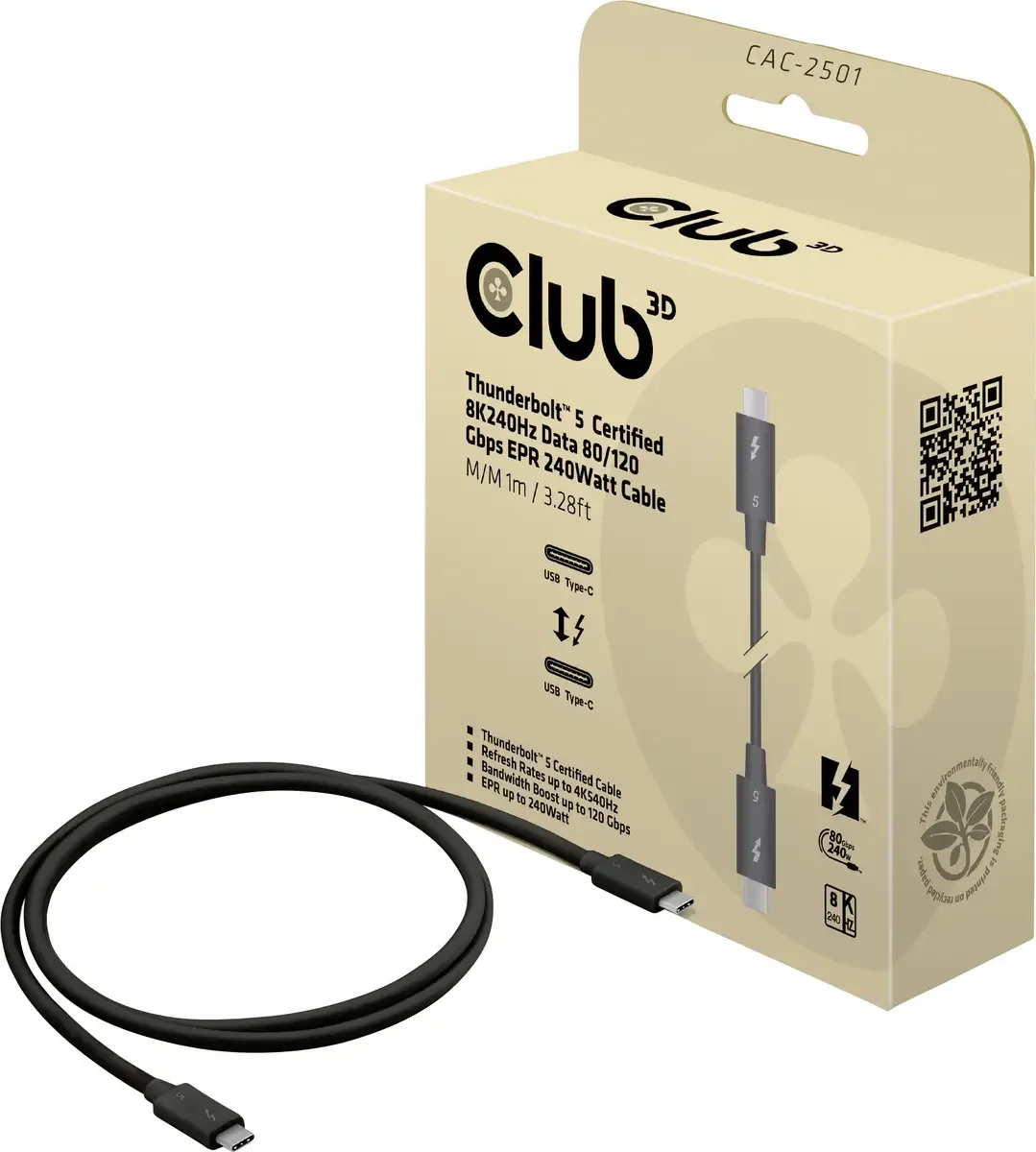 Thunderbolt™-Kabel Thunderbolt™ 5 Thunderbolt™ (USB-C®) Stecker 1.00 m halogenfrei CAC-2501 von Club 3D in Schwarz – Produktfoto