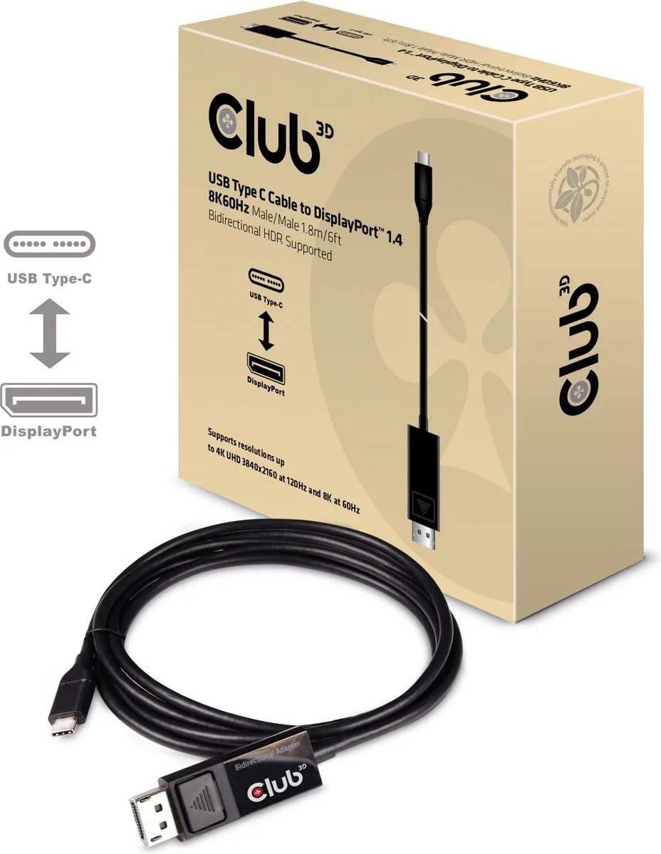 USB-C® Kabel naar DP™ 1.4 8K60Hz M/M 1,8m/5,9ft från Club 3D i Svart – produktbild