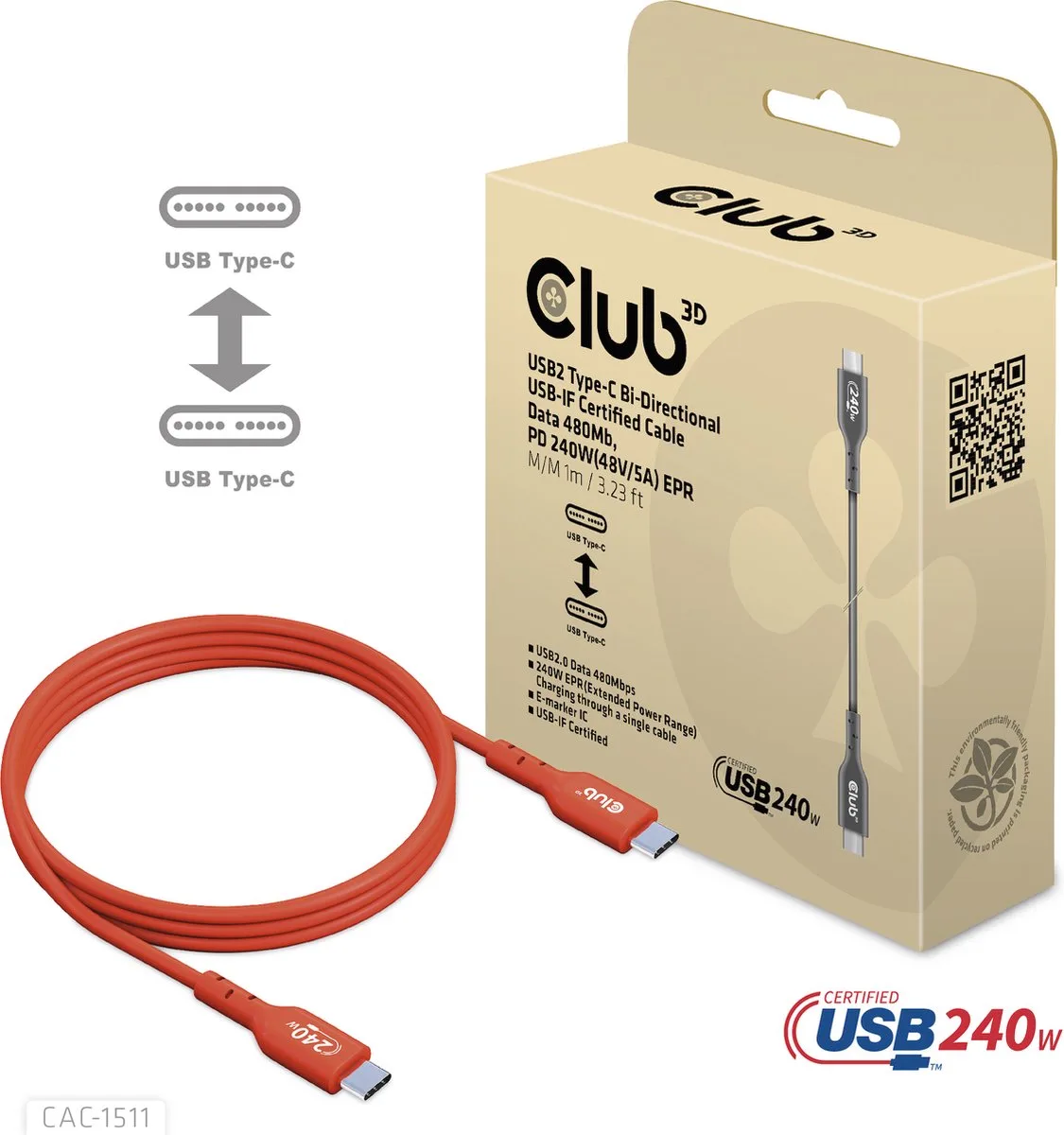 USB-C® Kabel USB 2.0 USB-C® Stecker 4.00 m Orange CAC-1515 von Club 3D in Orange – Produktfoto
