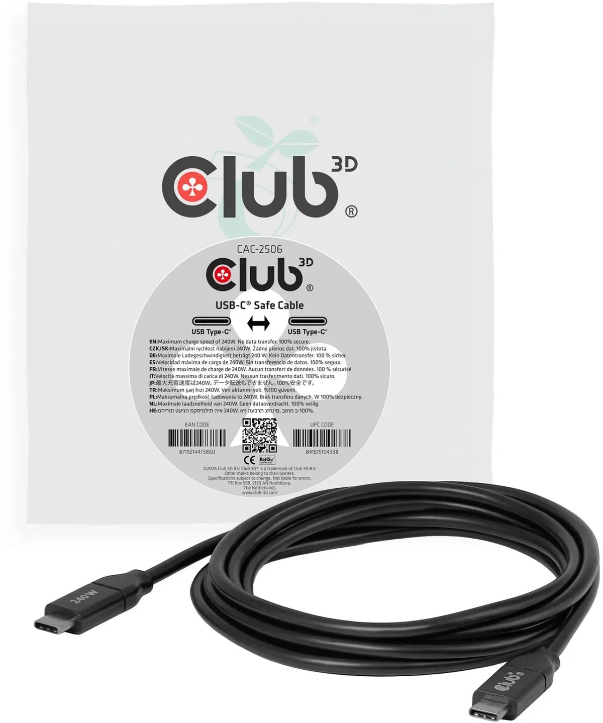 USB-C® veilige kabel 240W zonder dataoverdracht 2m/6,56ft från Club 3D i Svart – produktbild