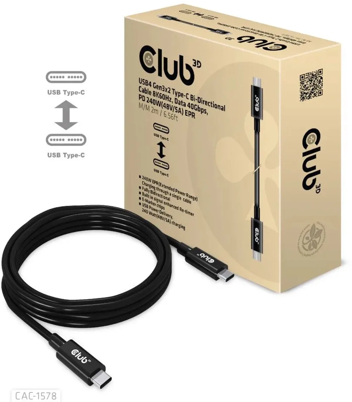 Câble USB-C USB4™ USB-C® mâle 2.00 m noir CAC-1578 de Club 3D en Noir – photo produit
