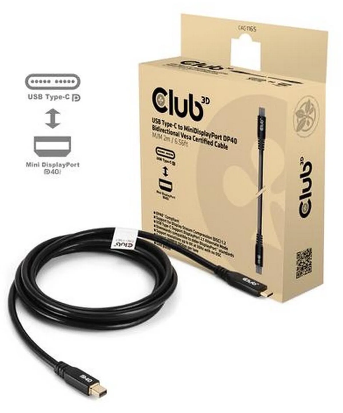 USB‑C® naar Mini DisplayPort™ DP40 bidirectionele VESA-gecertificeerde kabel 2 m von Club 3D in Schwarz – Produktfoto