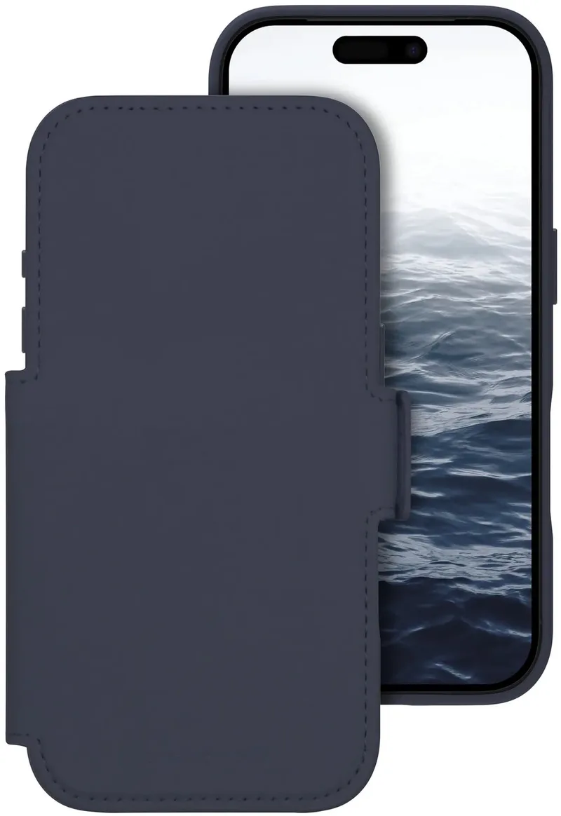 Bookcase hoesje geschikt voor iPhone 17 Pro - Effen Donkerblauw - Kunstleer - 2in1 Magnetisch Uitneembaar Design van dbramante1928 in Blauw – productfoto