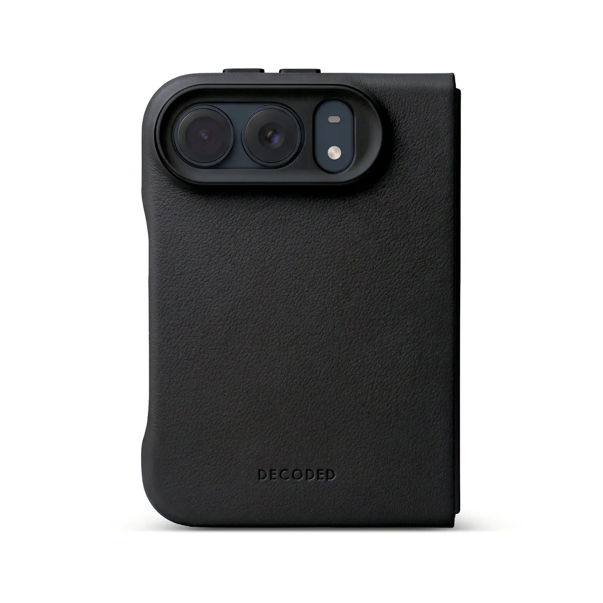 Leren Hoesje voor iPhone Duo, Premium ECCO-Leer, Geschikt voor MagSafe, Volledig Beschermende Metalen Cameraring, Valbescherming tot 1,2 Meter, Verhoogde Randen, Antislip Pads, Metalen Knoppen de Decoded en Noir – photo produit