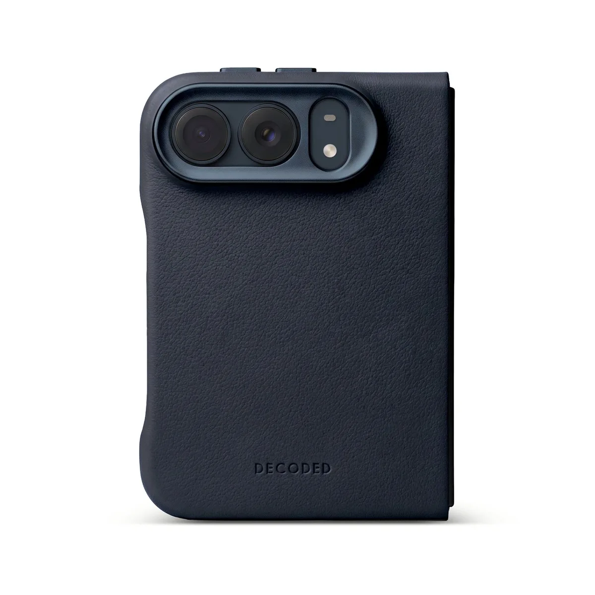 Leren Hoesje voor iPhone Duo, Premium ECCO-Leer, Geschikt voor MagSafe, Volledig Beschermende Metalen Cameraring, Valbescherming tot 1,2 Meter, Verhoogde Randen, Antislip Pads, Metalen Knoppen de Decoded en Bleu – photo produit