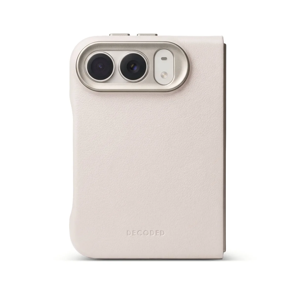 Leren Hoesje voor iPhone Duo, Premium ECCO-Leer, Geschikt voor MagSafe, Volledig Beschermende Metalen Cameraring, Valbescherming tot 1,2 Meter, Verhoogde Randen, Antislip Pads, Metalen Knoppen de Decoded en Beige – photo produit