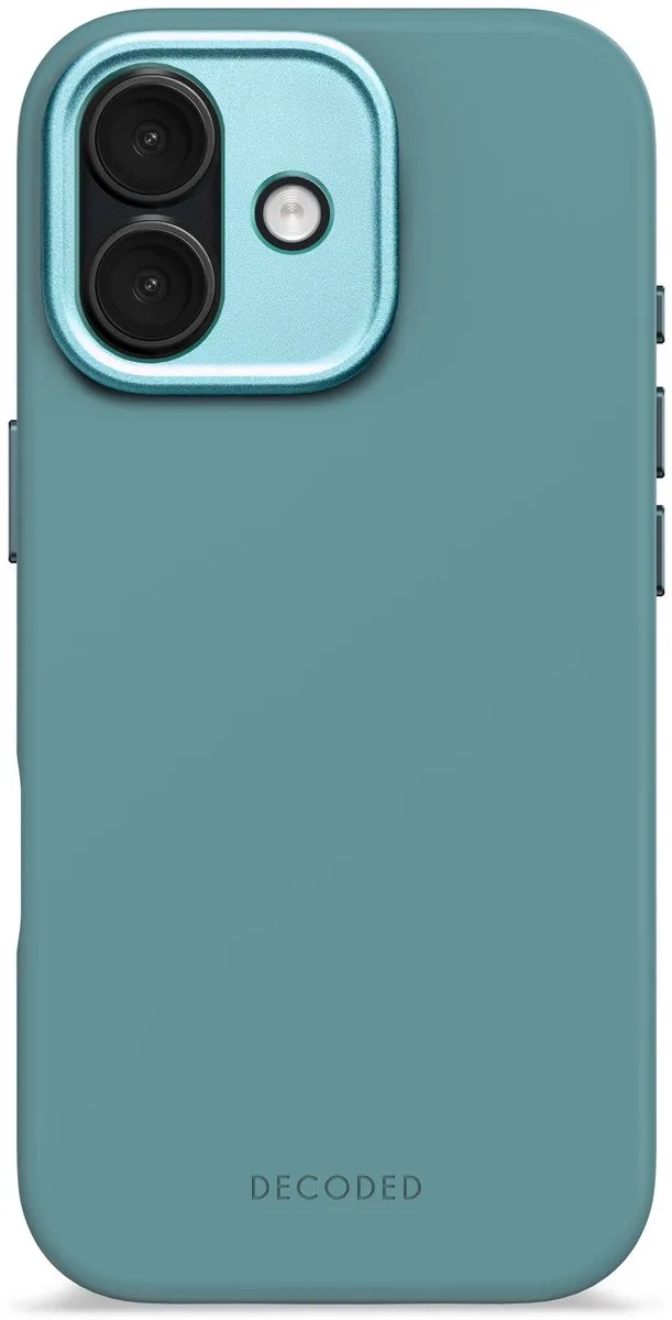 Siliconen Hoesje voor iPhone 17, Premium Soft-Touch, Antibacteriële Coating, MagSafe Compatibel, Valbescherming, Krasbestendig, Metalen Knoppen, Stevige Grip van Decoded in Blauw – productfoto
