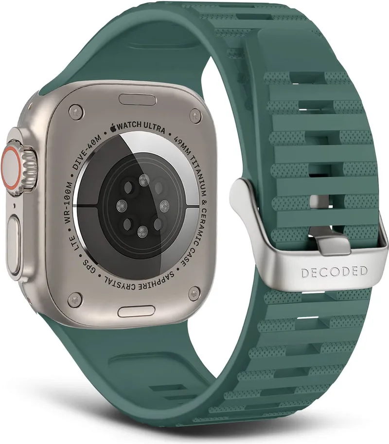 Siliconen Ultra Sport Bandje - Geschikt voor Apple Watch Grote Series 1-9 / SE / Ultra Modellen - Waterproof en Sterke Sluiting van Decoded in Groen – productfoto