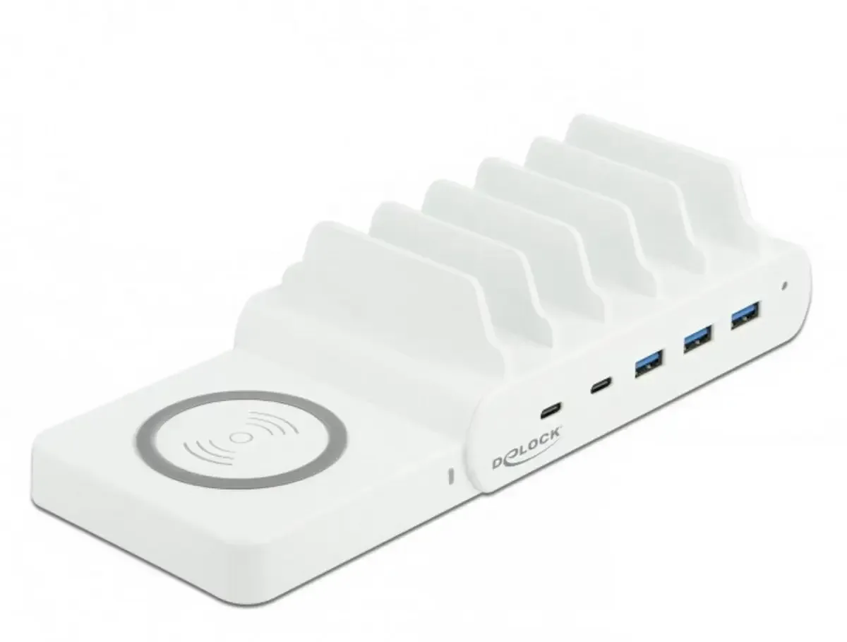 Delock 41450 USB Ladegerät USB-C®, USB-A USB PD, Qi Wireless Charging Weiß Steckdose, Innenbereich Überstromschutz, Wireless Charger, Schnellladegerät från Delock – produktbild