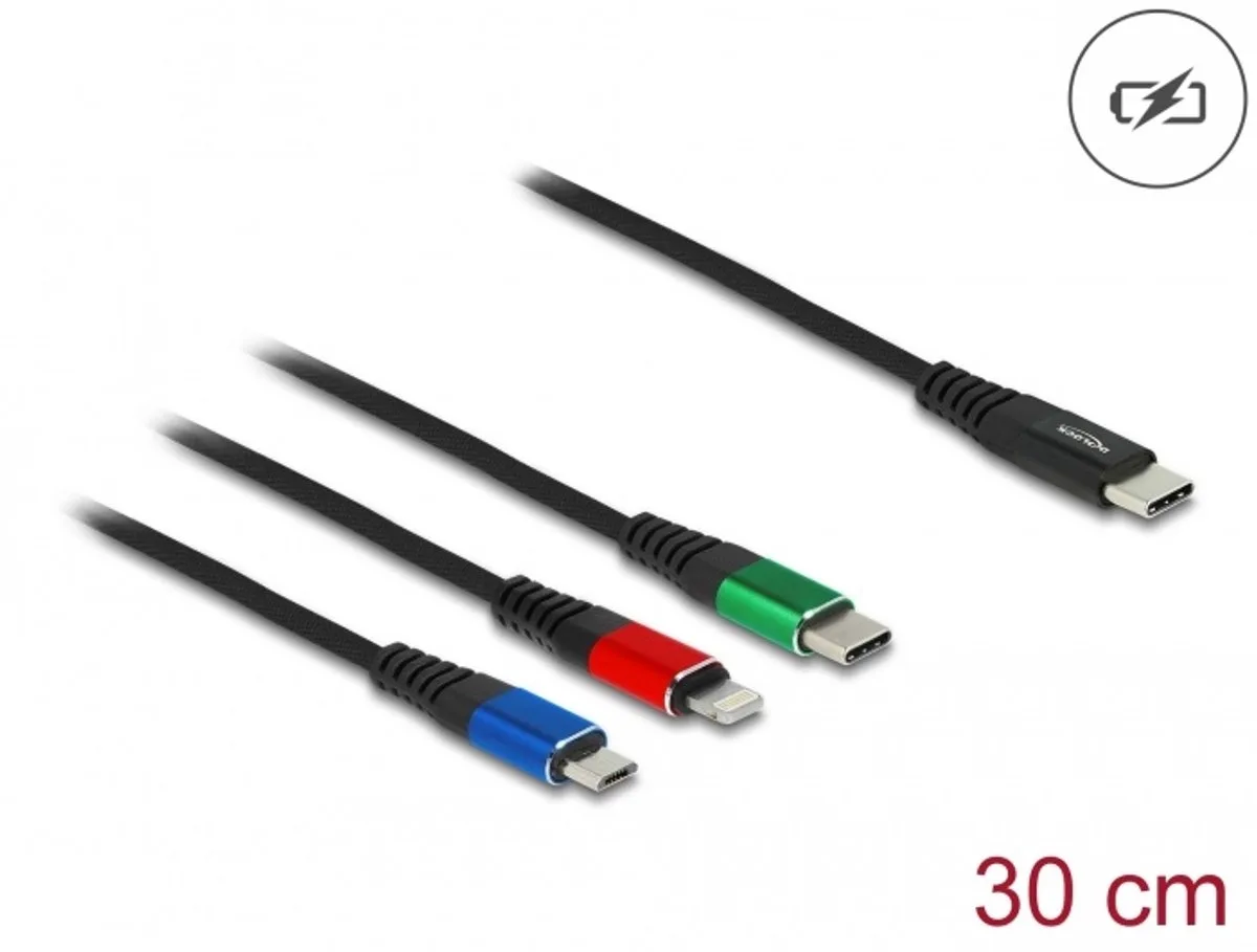 Delock 86820 USB-laadkabel USB 2.0 USB-C stekker, USB-C stekker, USB-micro-B stekker, Apple Lightning stekker 0.30 m Zw från Delock i Svart, Blå, Grön, Röd – produktbild