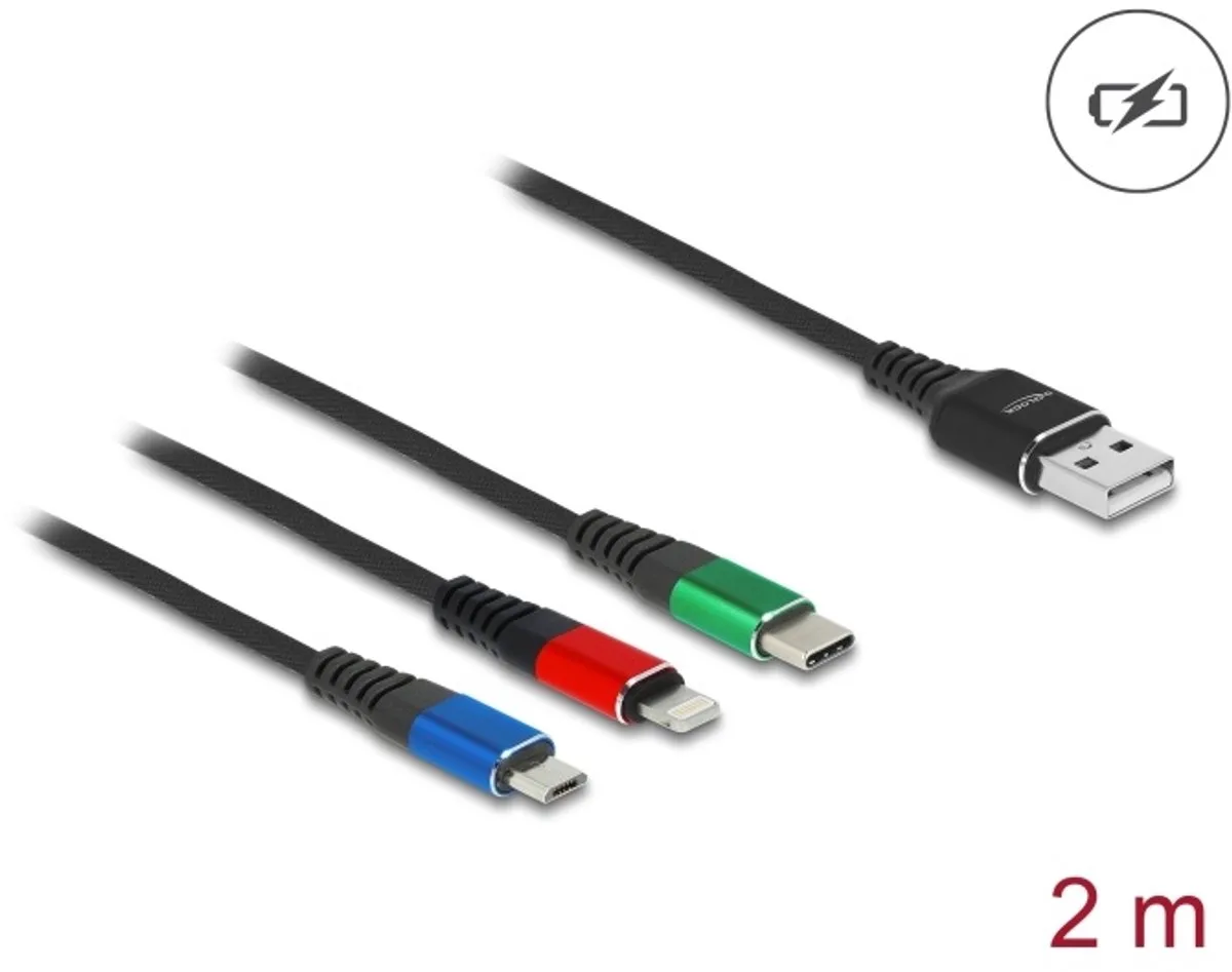 Delock 90156 USB-kabel USB 2.0 USB-A stekker, USB-micro-B stekker, Apple Lightning stekker, USB-C 2.00 m fra Delock i Sort – produktbillede