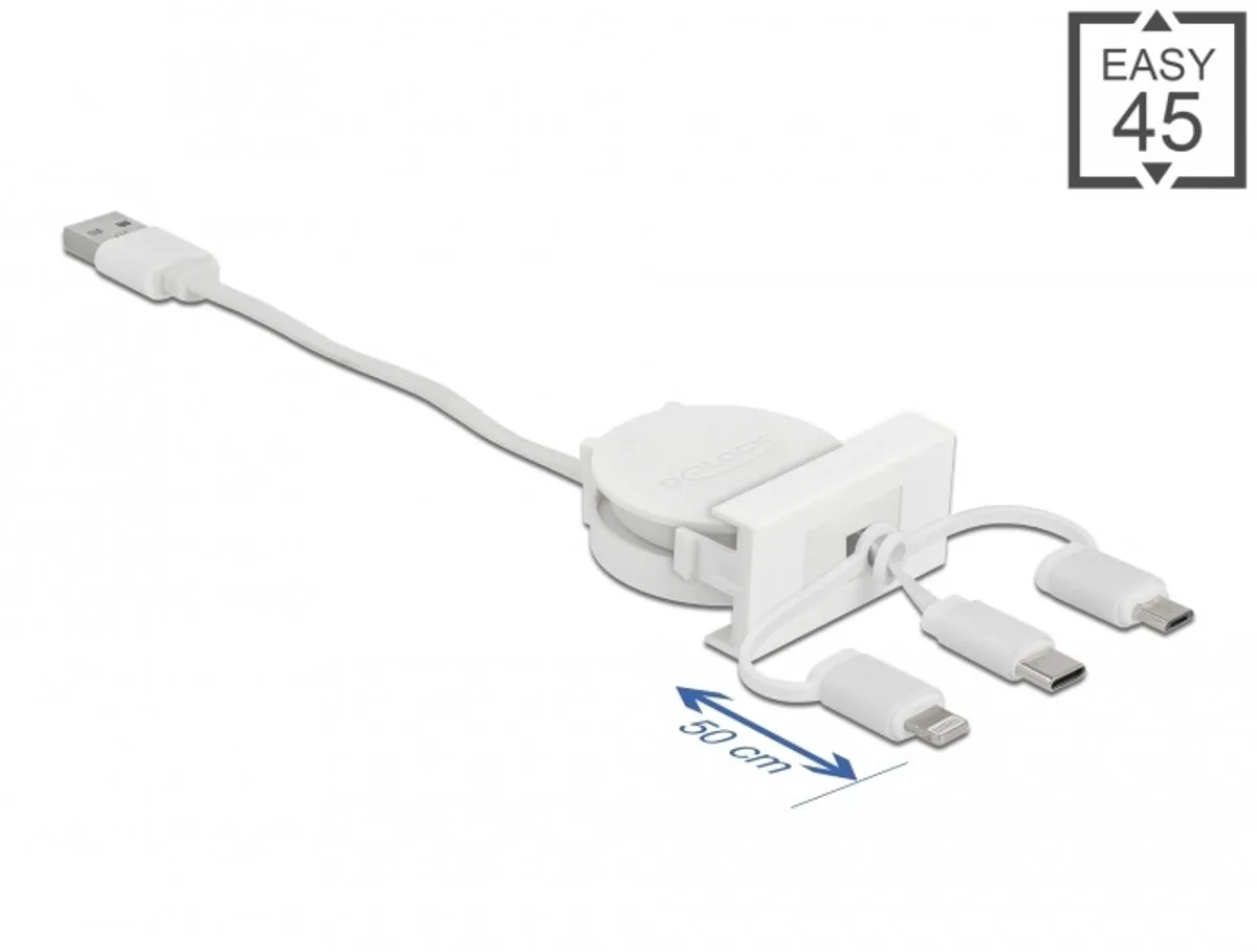 Easy 45 Module USB 2.0 3 in 1 Retractable Cable USB Type-A to USB-C™, Micro USB and Lightning white de Delock en Blanc – photo produit