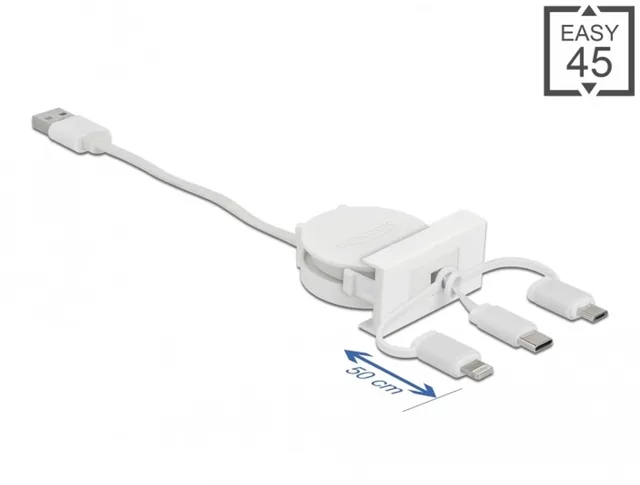 Easy 45 Module USB 2.0 3 in 1 Retractable Cable USB Type-A to USB-C™, Micro USB and Lightning white