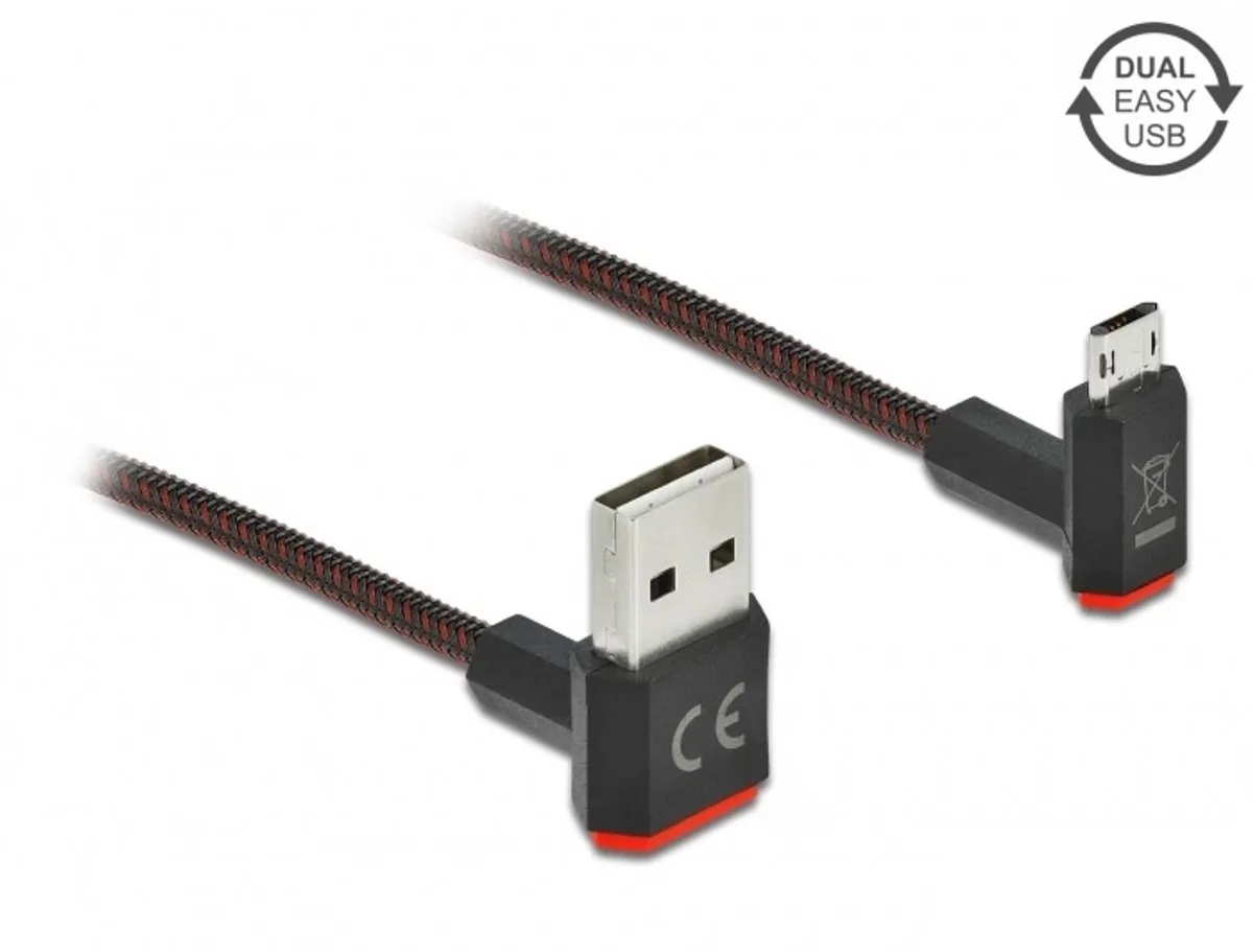 Easy-Micro USB - Easy-USB-A kabel | haaks boven/beneden | USB2.0 | 10W | nylon | 1,5 meter fra Delock i Sort, Rød – produktbillede