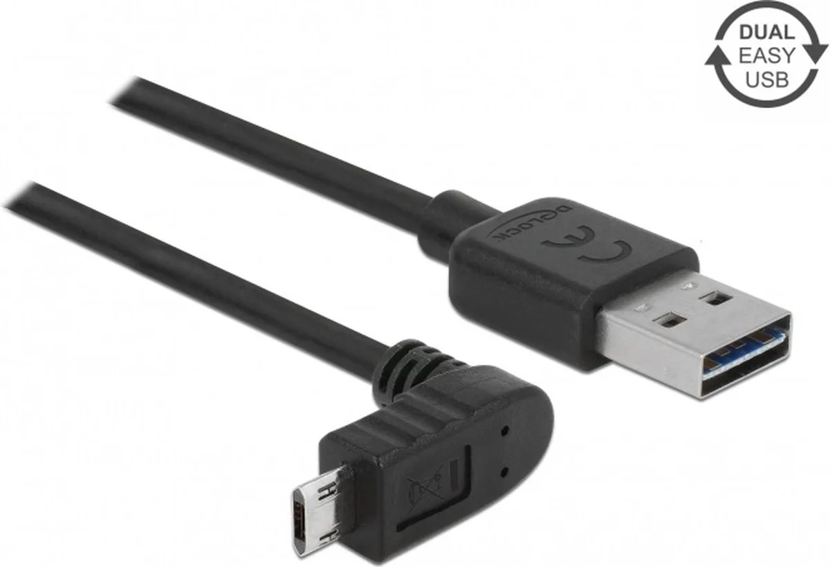 Easy-Micro USB haaks (boven/beneden) naar Easy-USB-A kabel - USB2.0 - tot 2A / 1 meter von Delock in Schwarz – Produktfoto
