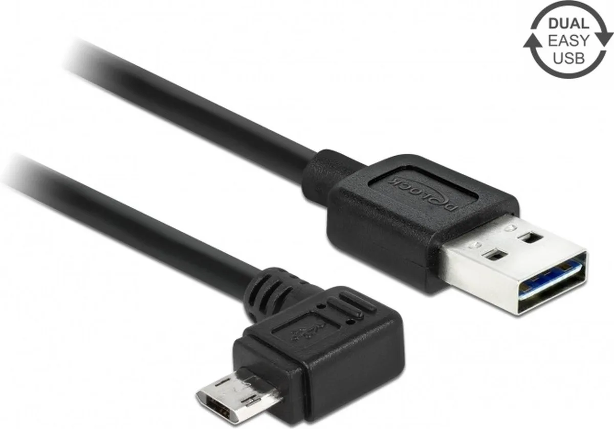 Easy-Micro USB haaks (links/rechts) naar Easy-USB-A kabel - USB2.0 - tot 2A / 2 meter fra Delock i Sort – produktbillede
