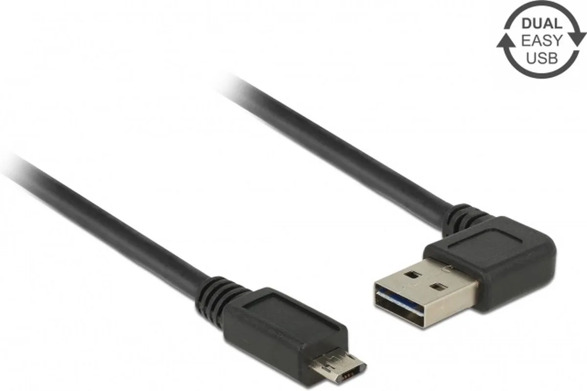 Easy-Micro USB naar Easy-USB-A haaks (links/rechts) kabel - USB2.0 - tot 2A / 1 meter von Delock in Schwarz – Produktfoto