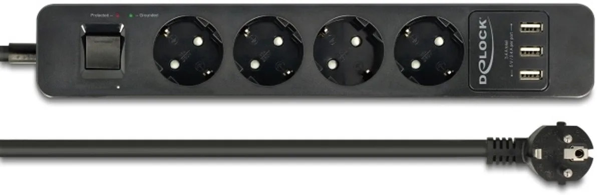 Extension Socket 4-way with Surge Protection and USB charger black fra Delock i Sort – produktbillede