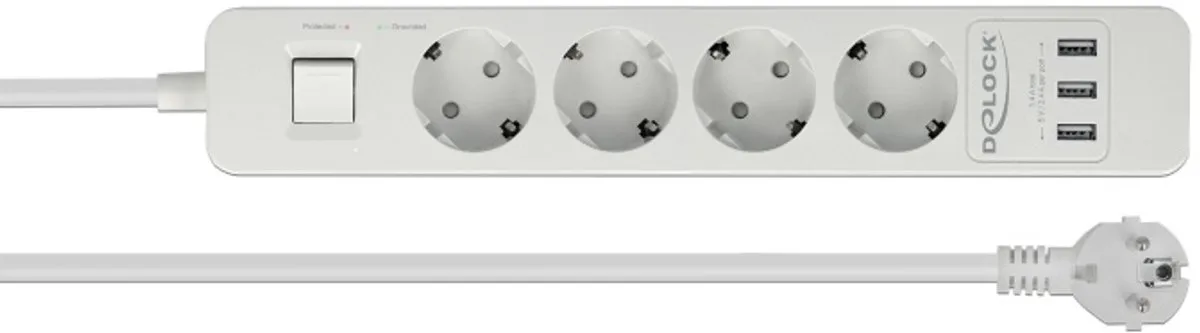 Extension Socket 4-way with Surge Protection and USB charger white från Delock i Vit – produktbild