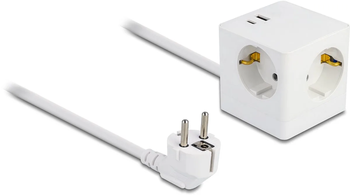 Extension Socket Cube 3-way with childproof lock and USB PD 3.0 charger 20 W, 1.5 m cable från Delock i Vit – produktbild